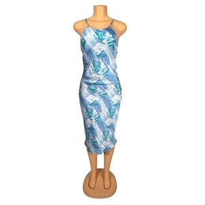 Pear Culture Slip Dress Womens Small Blue New Abstract Wave Print Midi Open Back